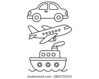 Set of three transportation icons featuring car airplane and steamship in clean black and white line art style.