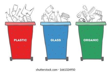 Set with three trash bins. Plastic, glass and organic waste containers. Bottles, jars, food and objects in cans. Hand drawn vector  sketch illustration