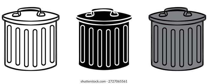 Set of three trash can icons in outline, solid black, and grey styles for waste disposal