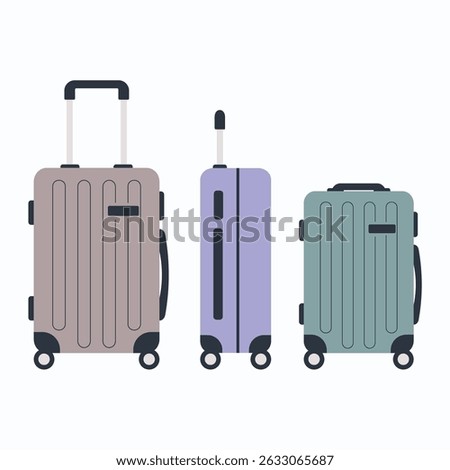 A set of three travel suitcases in different colors and sizes. Various types of travel luggage. Family travel suitcases, hand luggage and checked baggage.