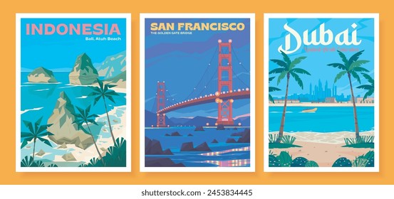 A set of three travel vector posters. View of the beach in Dubai. The United Arab Emirates. Bali, Indonesia Atuh beach. The Golden Gate Bridge in San Francisco. The state of California