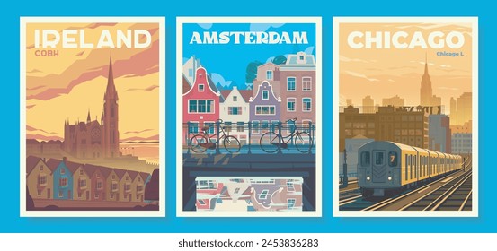 A set of three travel vector posters. Beautiful view of St Colman's Cathedral.City of Cobh, Ireland. Amsterdam's main street with houses, canals, bridges, and bicycles. Nederlands. The subway train Ch