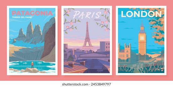 A set of three travel vector posters. Torres Del Paine National Park. Chile. Big Ben and the Palace of Westminster London, UK. Beautiful evening view of the Eiffel Tower through cherry blossom branche