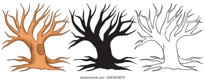 Set of three tree roots silhouettes vector isolated on white background. Bare tree spooky clip art. Collection of colors tall trees. Eco, natural illustration for concept design. Drawing dead tree 