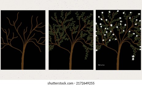 Set three of tree from the start until growing beautifully on black background wall art. wall decor, Vector Ilustration for home decorations. Can be used for poster, cover, social media and Wallpaper