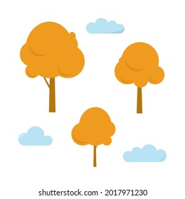 Set of three trees with shadows. Clouds. Fall. Autumn. September, October. November.