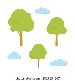 Set of three trees with shadows. Clouds. Spring. Summer. Vector illustration 8 eps