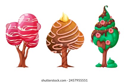 Conjunto de tres árboles estilizados como postre, helado y caramelo, se puede utilizar para el diseño de juegos de ordenador, carteles y publicidad, árboles aislados sobre fondo blanco