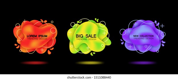 Set of three trendy banners with shadow. Isolated Red, yellow, purple colors with a gradient. On black background.