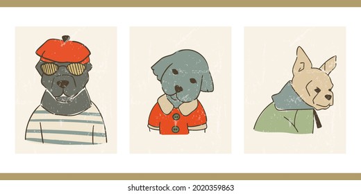 Set of three trendy cartoon posters. Funny cute dogs in costumes. Hand drawn pets in clothes with glasses and hats. Vintage aged illustration in pastel colors. Wall art for a children's bedroom.