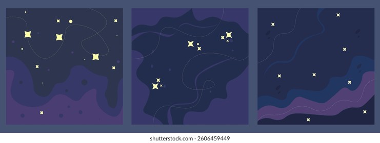 Set Of Three Trendy Celestial Abstract Retro Dreamy Cosmic Night Sky Background Vector Design
