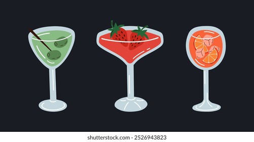 Conjunto de três coquetéis da moda sobre fundo preto. Ilustração vetorial de bebidas desenhadas à mão martini, daiquiri de morango, spritz.