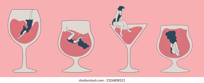 Juego de tres personajes femeninos de moda nadando en la copa. Gente que sufre de una bebida fuerte. Ilustración conceptual con personajes deprimidos se hunden en varias gafas de alcohol.