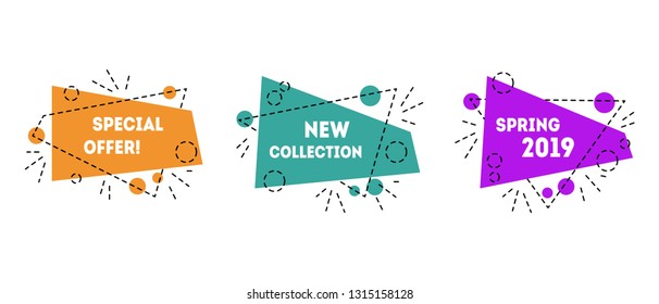 Set of three trendy flat elements. Geometric badges for web site, design template, label, sticker, price tag. Dynamic sale banners for logo, flyer, presentation or social post.