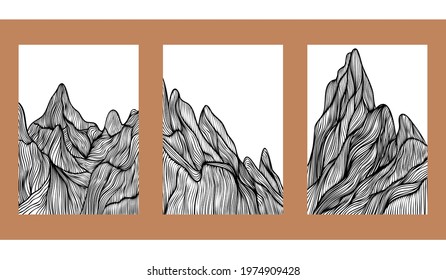 Set of three trendy graphic posters in line art styles. Hand drawn thin line backgrounds. Monochrome images for interiors. Volumetric images of rocks. Mountains, landscape, cliffs.