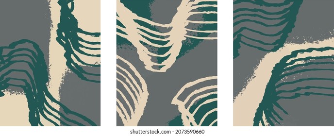 Set Of Three Trendy Poster Designs. Abstract Minimalistic Vector Arts, Brush Strokes And Lines. 