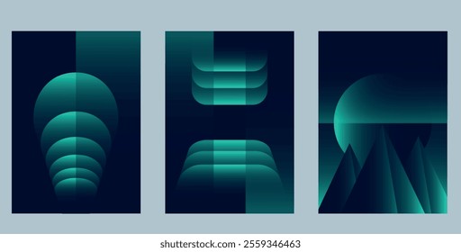 Set of Three Trendy Poster Designs, with Simple Geometric Shapes and Gradient Fills in Turquoise and Dark Blue Colors. Set of abstract minimalist Posters. Vector Illustration