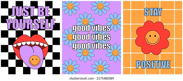 Set of three trendy retro posters with smiling faces and 90s patches. Funky, hipster retrowave placards. Vector illustrations of y2k.