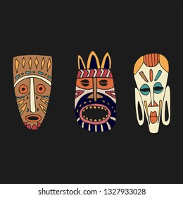 Set of Three Tribal African Masks on Dark Background. Doodle Vector Illustration.