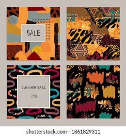 Set of three tribal patterns. Hand drawn various shapes and doodle objects. Abstract contemporary modern trendy vector illustration. Stamp texture.