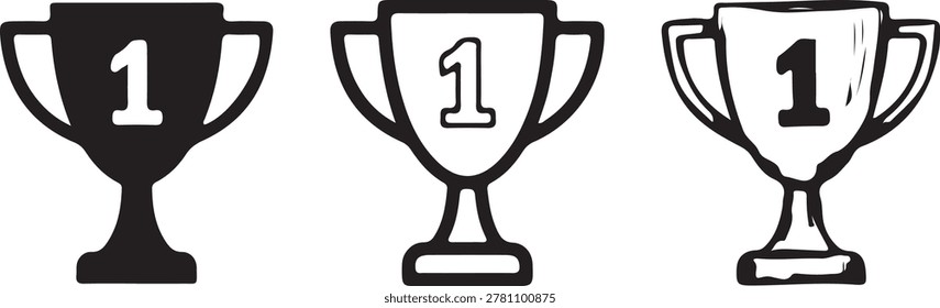 Set of three trophy icons showing first place award. Silhouette outlined and sketchy styles.