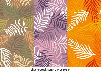 Set of three tropical backgrounds with colorful leaves. Seamless floral patterns. Summer vector illustrations. Flat jungle prints