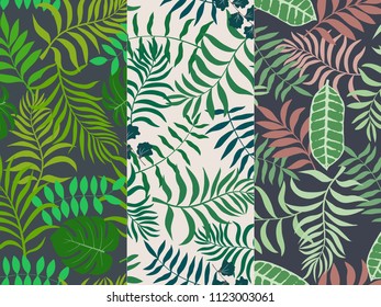 Set of three tropical backgrounds with palm leaves. Seamless floral patterns. Summer vector illustrations