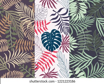 Set of three tropical backgrounds with palm leaves. Seamless floral patterns.