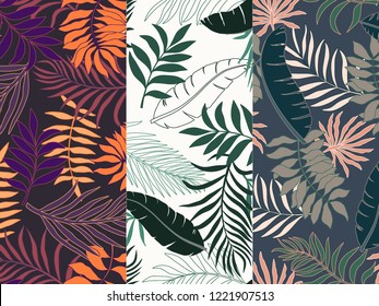 Set of three tropical backgrounds with palm leaves. Seamless floral patterns. Botanical vector illustrations. Flat jungle prints