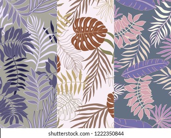 Set of three tropical backgrounds with palm leaves. Seamless floral patterns. Summer vector illustrations. Flat jungle prints