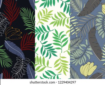 Set of three tropical backgrounds with palm leaves. Seamless floral patterns. Summer vector illustrations. Flat jungle prints