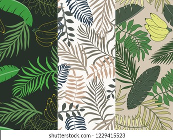 Set of three tropical backgrounds with palm leaves. Seamless floral patterns. Summer vector illustrations. Flat jungle prints