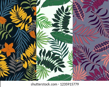 Set of three of tropical backgrounds with palm leaves. Seamless floral patterns. Summer vector illustrations. Flat jungle prints.