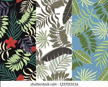 Set of three of tropical backgrounds with palm leaves. Seamless floral patterns. Summer vector illustrations. Flat jungle prints.
