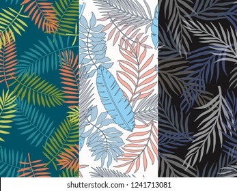 Set of three of tropical backgrounds with palm leaves. Seamless floral patterns. Summer vector illustrations. Flat jungle prints.