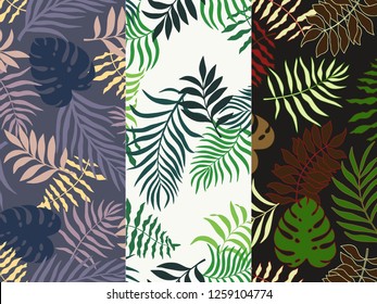 Set of three tropical backgrounds with palm leaves. Seamless floral patterns. Summer vector illustrations. Flat jungle prints