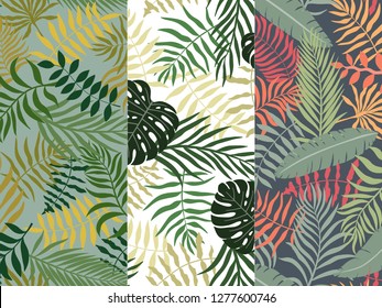 Set of three tropical backgrounds with palm leaves. Seamless floral patterns. Summer vector illustrations. Flat jungle prints