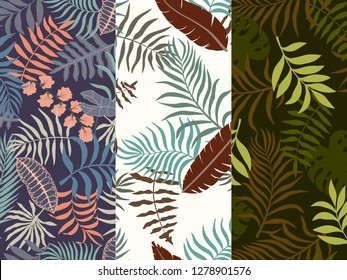 Set of three tropical backgrounds with palm leaves. Seamless floral patterns. Summer vector illustrations. Flat jungle prints