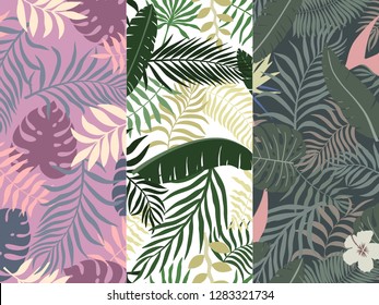 Set of three tropical backgrounds with palm leaves. Seamless floral patterns. Summer vector illustrations. Flat jungle prints
