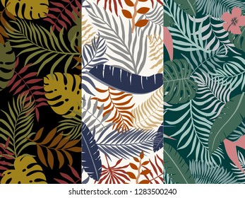 Set of three tropical backgrounds with palm leaves. Seamless floral patterns. Summer vector illustrations. Flat jungle prints