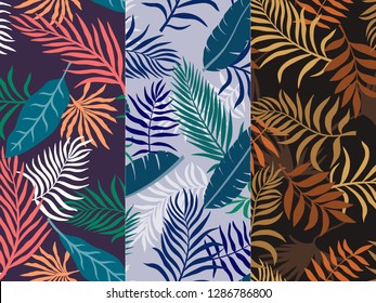 Set of three tropical backgrounds with palm leaves. Seamless floral patterns. Summer vector illustrations. Flat jungle prints