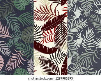 Set of three tropical backgrounds with palm leaves. Seamless floral patterns. Summer vector illustrations. Flat jungle prints