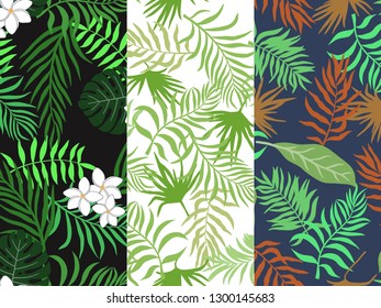Set of three tropical backgrounds with palm leaves. Seamless floral patterns. Summer vector illustrations. Flat jungle prints