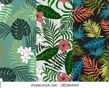 Set of three tropical backgrounds with palm leaves. Seamless floral patterns. Summer vector illustrations. Flat jungle prints