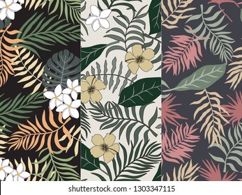 Set of three tropical backgrounds with palm leaves. Seamless floral patterns. Summer vector illustrations. Flat jungle prints
