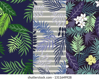 Set of three tropical backgrounds with palm leaves. Seamless floral patterns. Summer vector illustrations. Flat jungle prints