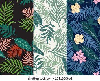 Set of three tropical backgrounds with palm leaves. Seamless floral patterns. Summer vector illustrations. Flat jungle prints