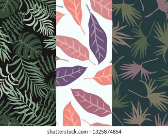 Set of three tropical backgrounds with palm leaves. Seamless floral patterns. Summer vector illustrations. Flat jungle prints