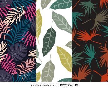 Set of three tropical backgrounds with palm leaves. Seamless floral patterns. Summer vector illustrations. Flat jungle prints