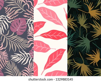 Set of three tropical backgrounds with palm leaves. Seamless floral patterns. Summer vector illustrations. Flat jungle prints